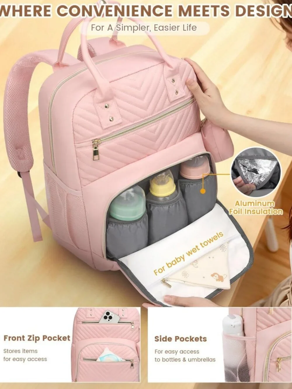 Stylish Baby Diaper Bag Backpack with Insulated Pocket & Pacifier Case - Pink
